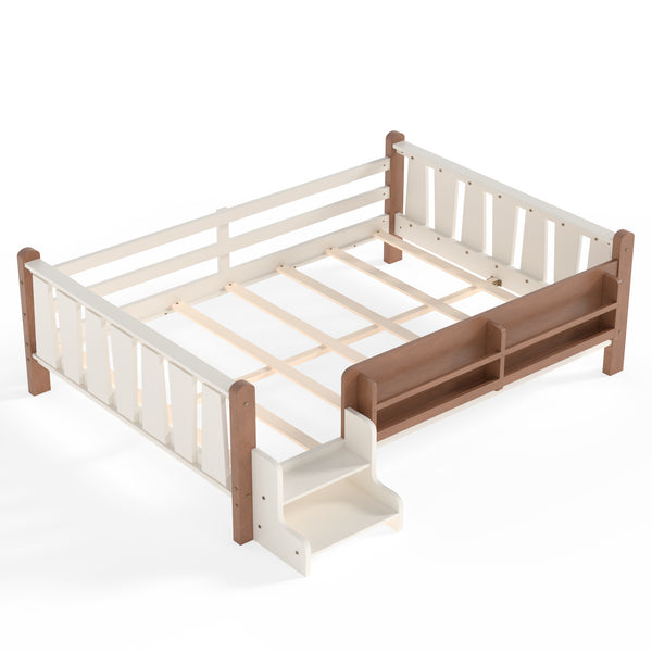 English Elm Twin Pine Floor Bed for Kids with Side Bookcases Built-in Stairs and Safety Guardrails Beige W1580P390220