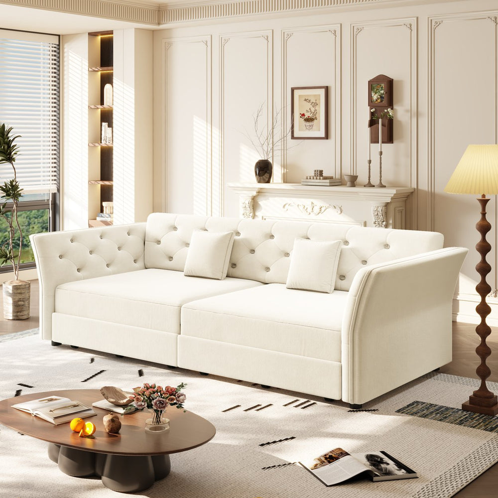 English Elm 74.4" Queen Velvet Sleeper Sofa Artisan Floral Tufted Cushions Converts for Guest Rooms Beige+White W1885S00304