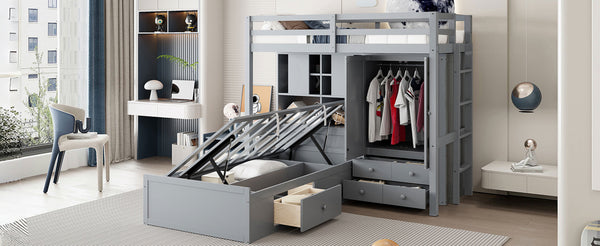 English Elm Twin Bunk Bed with Wardrobe Drawers Hydraulic Lift Shelves Kids Storage Gray LT000666AAE-1