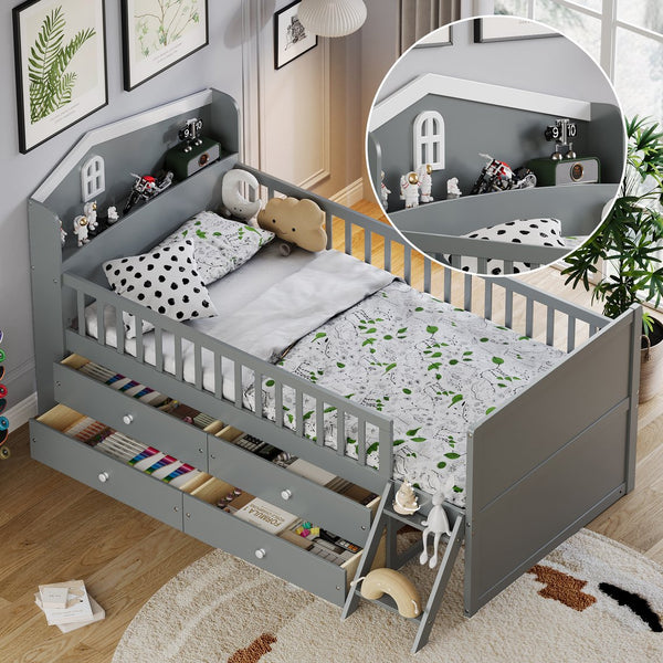 English Elm Twin Bed Frame with Storage Drawers and House Headboard, Kids Platform Bed with Guardrail Ladder and Shelf Gray 49.3 L x 16.25 W x 7.75 H N733S278032E