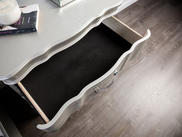 English Elm 1pc Nightstand Scalloped Serpentine Front Bedside Table with Chrome Pulls Elegant Art Deco Flair Silver 31 L x 20 W x 28 H B011P326225