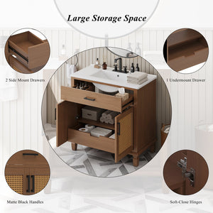 English Elm Christopher Knight Home® - 36" Rattan Bathroom Vanity with Ceramic Sink and Soft-Close Drawers, Handwoven Door Texture, Solid Wood Legs, Spacious Storage Elegance Brown N817P271077B