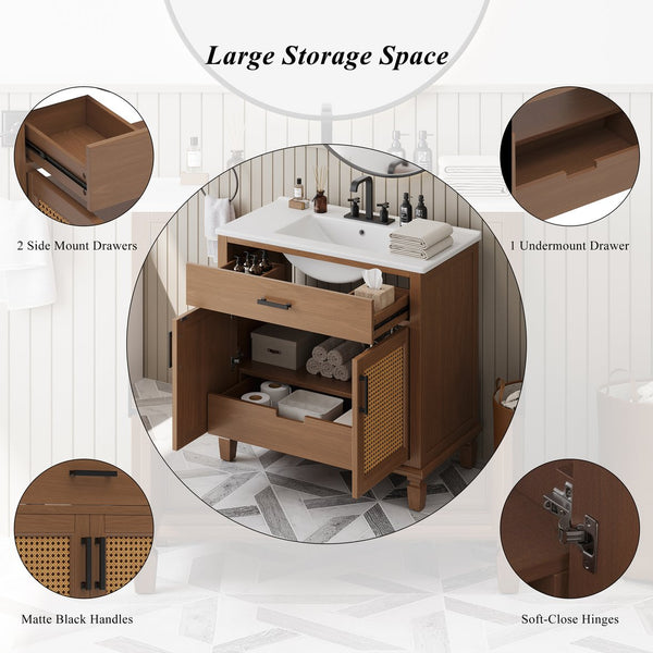 English Elm Christopher Knight Home® - 36" Rattan Bathroom Vanity with Ceramic Sink and Soft-Close Drawers, Handwoven Door Texture, Solid Wood Legs, Spacious Storage Elegance Brown N817P271077B