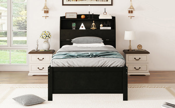 English Elm Twin LED Platform Bed with Trundle and Under-Storage Drawers, Flip-Up Headboard, USB Ports Espresso N820S10008D