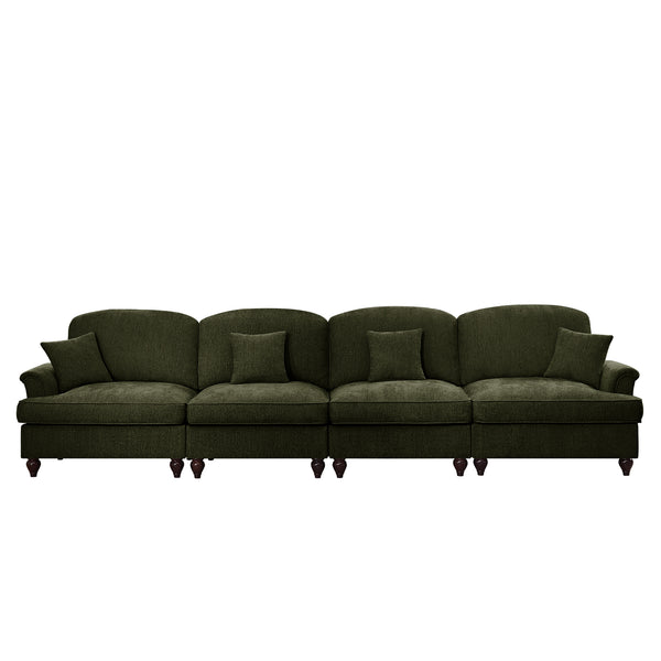 English Elm Elegant Mid Century 4-Seater Chenille Sofa With Flared Arms, Removable Skirts & Modular Design, Green W3041S00314