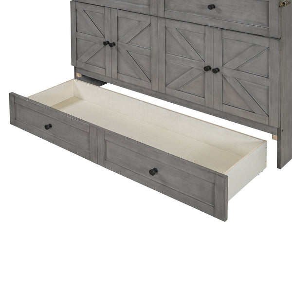 English Elm Full Size Murphy Bed Rattan Cabinet with Storage Drawers and Gold Hardware N708S00005AAE