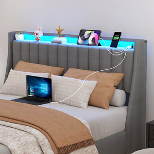 English Elm Full Size Linen Tufted Storage Bed with Rgb Lighting and Built in Charging Ports T3963P481919