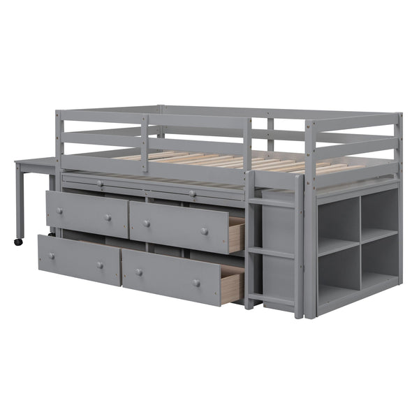 English Elm Twin Loft Bed Pinewood Frame Four Drawers Retractable Study Desk Kids Bedroom Gray LT000368AAE