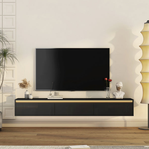 English Elm Floating Wall TV Stand with LED Touch Light, High-Gloss Black Cabinet, 3 Plugs 2 USB Ports, Cord Management W1321P176417