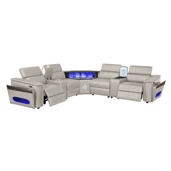 English Elm Nova Tech Sectional with Led Bar Bluetooth Speakers Power Recliners and Freezer Console Gray B009S02168