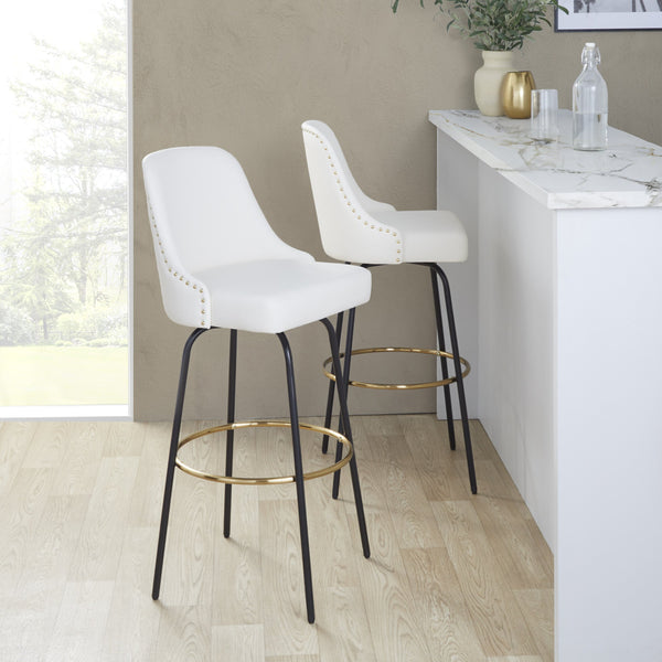 English Elm 30" Swivel Barstools Set of 2 Gold Frame White Faux Leather Kitchen Island Seating B202S01946