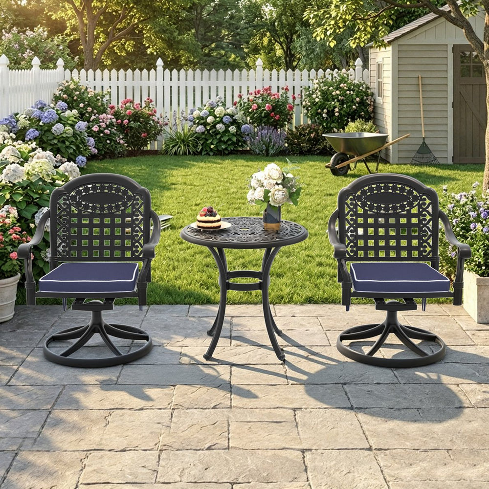 English Elm 3-piece Ornate Cast Aluminum Outdoor Bistro Set with Swivel Chairs and Round Patio Table W1710S00680