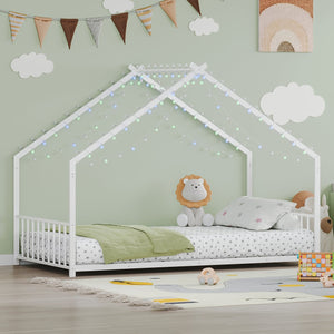 English Elm Twin iron roof bed frame with LED light strips for kids, sturdy 350lb capacity, easy 30-min assembly White W1820P308330