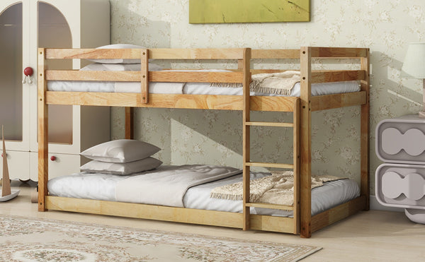 English Elm Solid Wooden Twin Over Twin Floor Bunk Bed With Ladder – Durable Rubberwood, Stylish & Safe Design W504P191652-GIGA