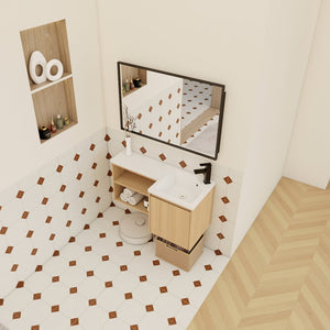 English Elm 36" Corner Floating Vanity with Integrated Resin Sink Open Shelf Light Oak Modern Bath W3450S00049