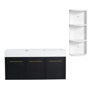 English Elm 48 Inch Wall-Mounted Bathroom Vanity Set With Left Basin Sink, Storage Rack & Soft-Close Hinges W999S00371
