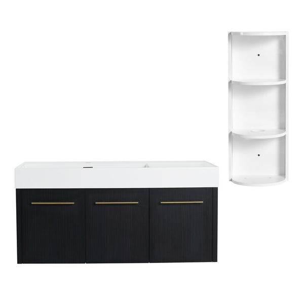 English Elm 48 Inch Wall-Mounted Bathroom Vanity Set With Left Basin Sink, Storage Rack & Soft-Close Hinges W999S00371