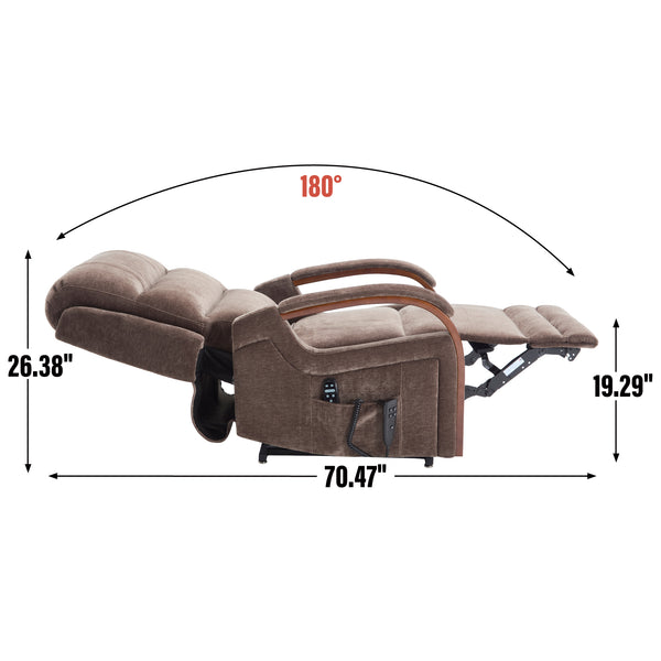 English Elm Power Lift Recliner Chair Chenille Upholstery Dual Motor Heat Massage Solid Wood Arms Brown W1803S00068