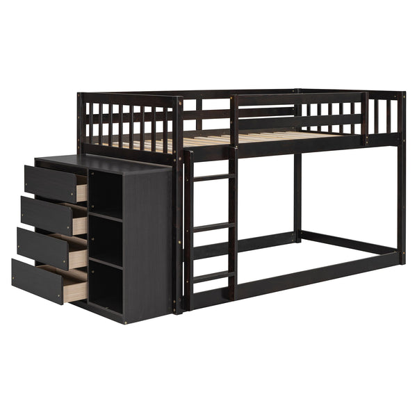 English Elm Twin Over Bunk Bed with Four Storage Drawers Open Shelving Kids Bedroom Espresso LT000167AAP-1