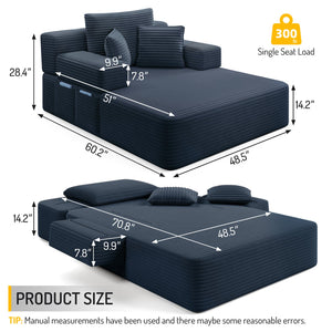 English Elm Luxurious Corduroy Convertible Chaise Lounge Sofa Bed with Storage and Coil Spring Foam Blue W3219P483087