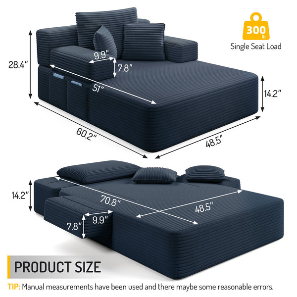 English Elm Luxurious Corduroy Convertible Chaise Lounge Sofa Bed with Storage and Coil Spring Foam Blue W3219P483087