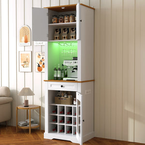 English Elm Bar Cabinet Farmhouse 69 Inch with Rgb Led Barn Door Wine Rack and Charging Station White N728P438603W