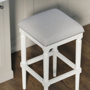 English Elm 31"h Distressed Walnut Bar Stool Carved Wood Frame with Upholstered Faux Leather Seat B2751P436459