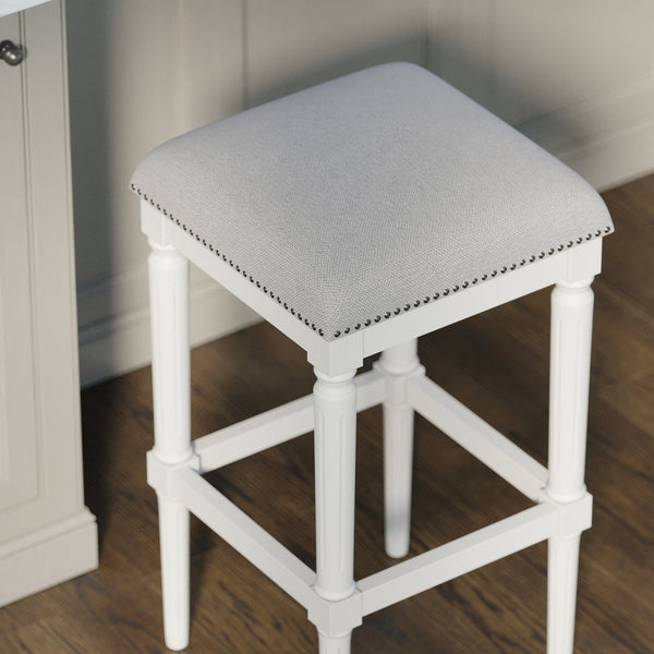 English Elm 31"h Distressed Walnut Bar Stool Carved Wood Frame with Upholstered Faux Leather Seat B2751P436459