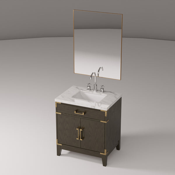 English Elm Brown Oak Single Sink Vanity Set With Carrara Marble Top, Chrome Faucet & 28" Mirror For Elegance B2731S02002