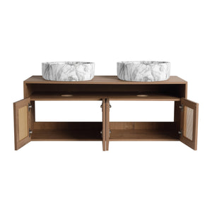 English Elm 48" Floating Bathroom Vanity Oak Finish Dual Ceramic Sinks Four Soft Close Doors W999S00494