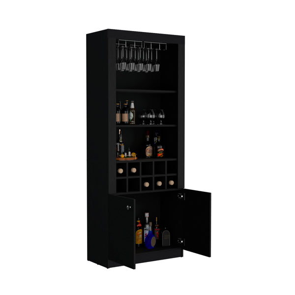 English Elm Nero 74-Inch Tall Bar Cabinet — Modern Black Liquor & Wine Storage with 10-Bottle Cubbies, Stemware Rack, 4 Shelves B200P188833