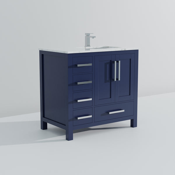 English Elm Navy Bathroom Vanity 36" W x 22" D with Right-Offset Carrara Top, Chrome Faucet, Soft-Close Storage B2731P259054