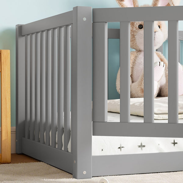 English Elm Twin Floor Bed Pine Wood Frame with Guardrails and Door for Safe Toddler Sleep Gray W1580P418051