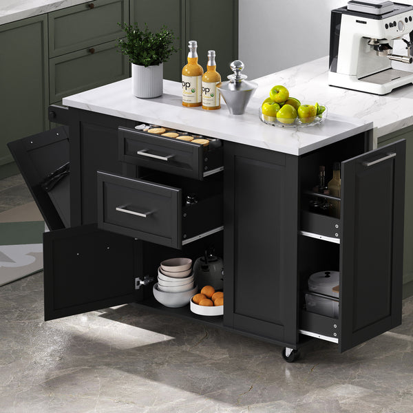 English Elm K&K Vintage Convex Kitchen Island Cart with Faux Marble Top, Tilt Trash, Pull-Out Organizer, Wheels Black N707P299008B