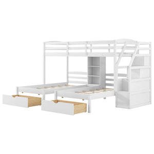 English Elm Twin Triple Bunk Bed White Pine Frame with Staircase Storage Drawers and Built Shelves GX000324AAK-1