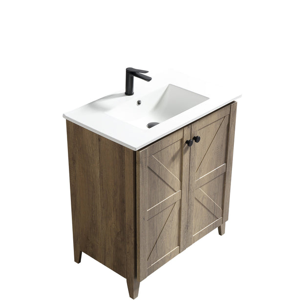 English Elm 30 Inch Floating Bathroom Vanity Fluted Wood Grain Front with Ceramic Integrated Sink Antique Grey W3520S00032