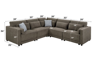 English Elm Rylie Brown Linen 5-Piece Modular Sectional Sofa with Toss Pillows, Pocket Coil Seats, Modern Comfort B2726S00423