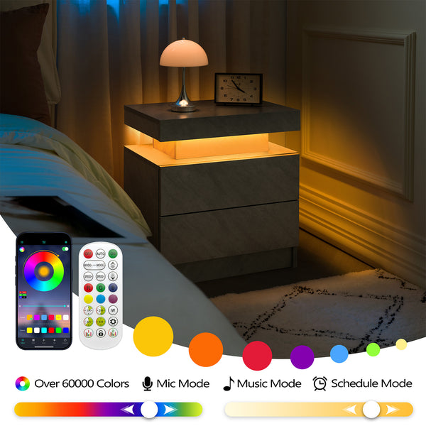 English Elm Nightstand with Multi-Color Adjustable LED Lights and Two Drawers for Bedroom or Living Room Use Gray 23 L x 17 W x 8 H W2178P286717
