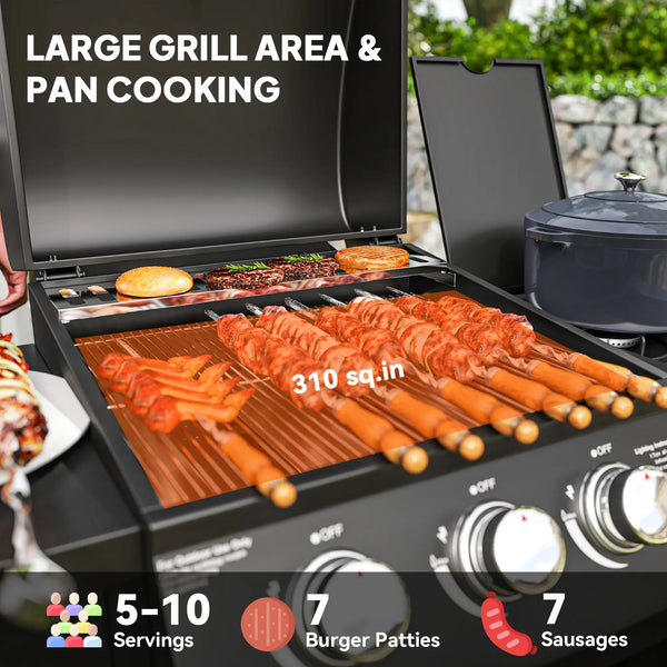 English Elm Portable Carbon Steel Gas Grill with Three Burners Warming Rack and Locking Wheels T3971P420844
