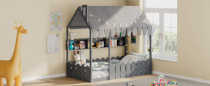 English Elm {slats Are Not Included} Twin Montessori House Floor Bed Kids Tent Lights Shelves Pinewood Frame Gray N708P407962E
