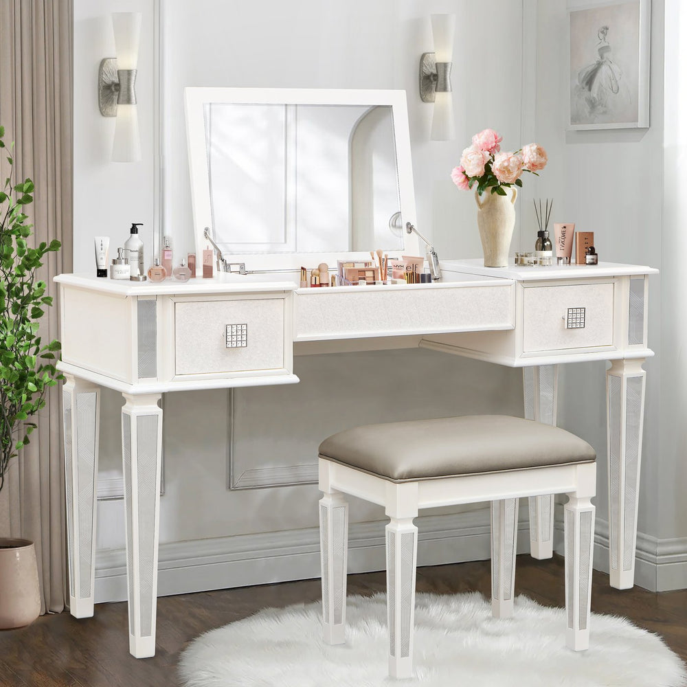 English Elm Mirrored Vanity Desk with Drawers and Flip-Up Mirror, Silver PU Stool, Crystal Knobs, Storage Elegance W2170P209976