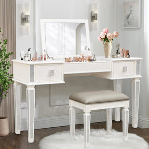 English Elm Mirrored Vanity Desk with Drawers and Flip-Up Mirror, Silver PU Stool, Crystal Knobs, Storage Elegance W2170P209976