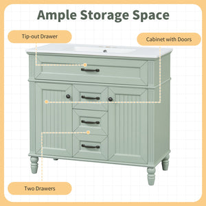 English Elm 36 Inch Bathroom Vanity with Ceramic Sink, Durable MDF & Solid Wood Frame, Soft-Close Doors, Luxe Handles, Ample Organized Storage, Modern Freestanding Design Green N725P314034F