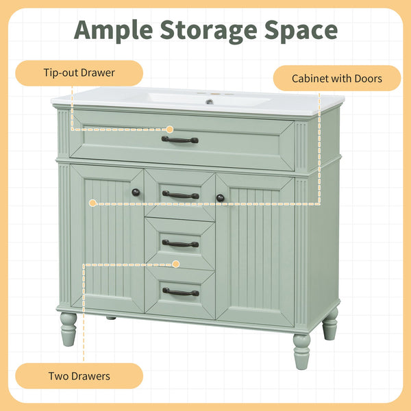English Elm 36 Inch Bathroom Vanity with Ceramic Sink, Durable MDF & Solid Wood Frame, Soft-Close Doors, Luxe Handles, Ample Organized Storage, Modern Freestanding Design Green N725P314034F