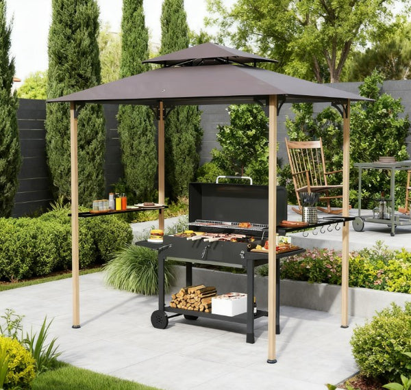 English Elm Ventilated Grill Gazebo with Dual Vented Canopy Side Awning Shelves and Steel Frame T3971P426141