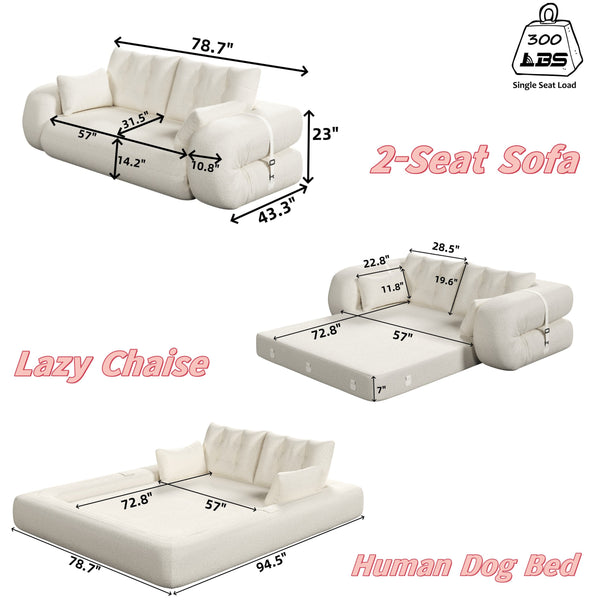 English Elm Human 78.7" Multi-Functional Foldable Sofa Bed – 3-in-1 Teddy Foam Sleeper, Removable Cushions, 2-Seater Guest Lounge Green W1885P277276
