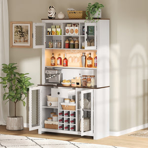 English Elm 70.9" Farmhouse Hutch Pantry with Led Lighting Wine Rack Mesh Doors and Built-in Power White CH361426AAK