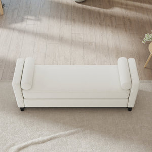 English Elm 66.34 Inch Sherpa Fleece Bench with Fluted Wood Legs Bolster Pillows Mid-century Lounge Beige+Black W1658P445919