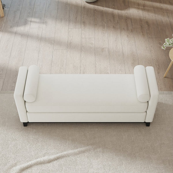 English Elm 66.34 Inch Sherpa Fleece Bench with Fluted Wood Legs Bolster Pillows Mid-century Lounge Beige+Black W1658P445919