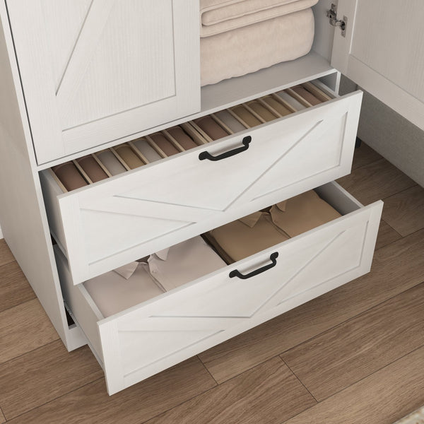 English Elm 2 Door White Wardrobe Closet with Mirror Hanging Rod Drawers and Auto Interior Light W409P167477